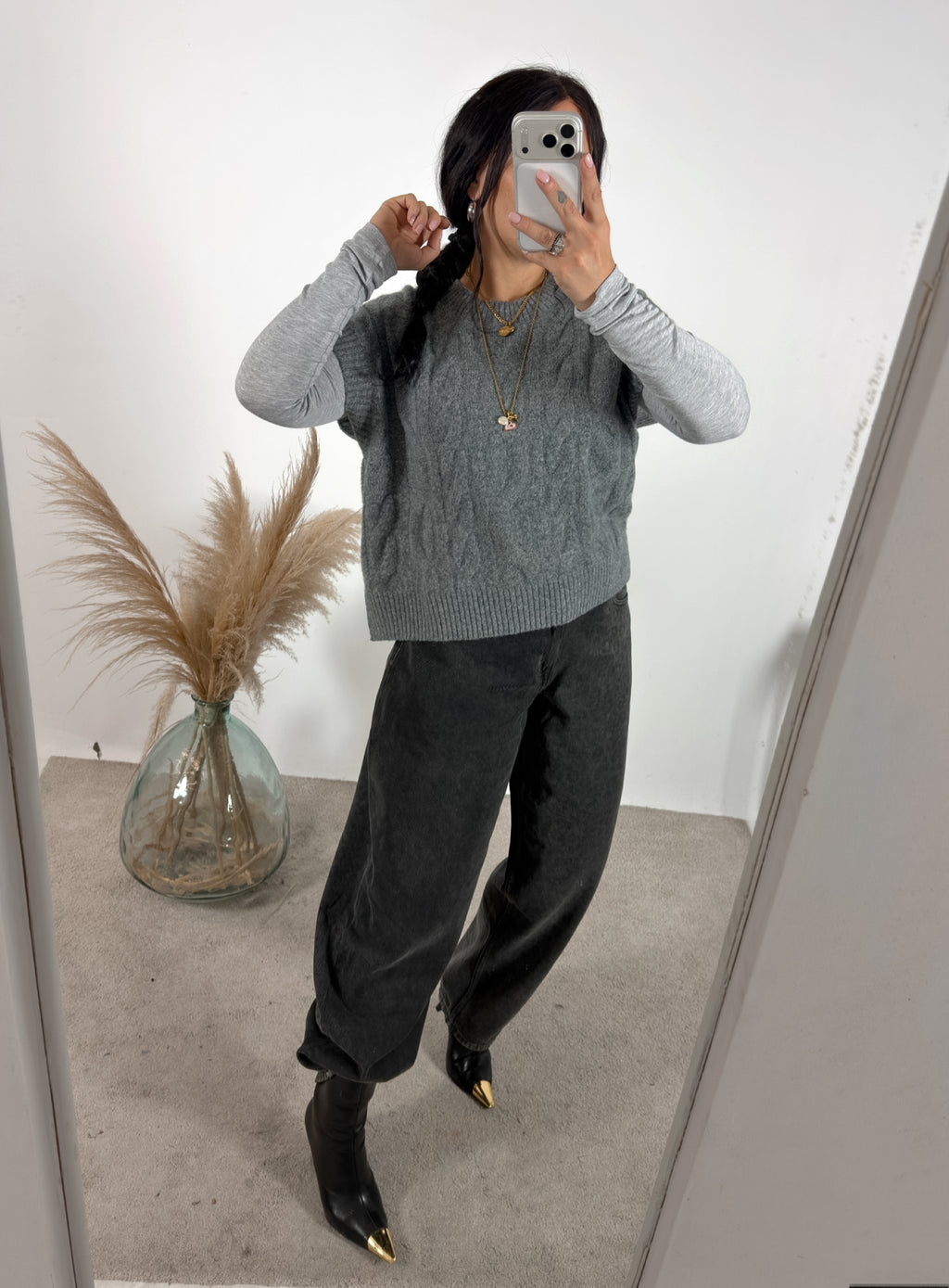 Maxi Gilet Treccia Grigio Mélange Glamorous