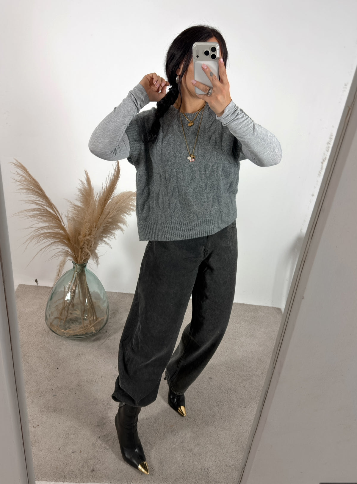 Maxi Gilet Treccia Grigio Mélange Glamorous