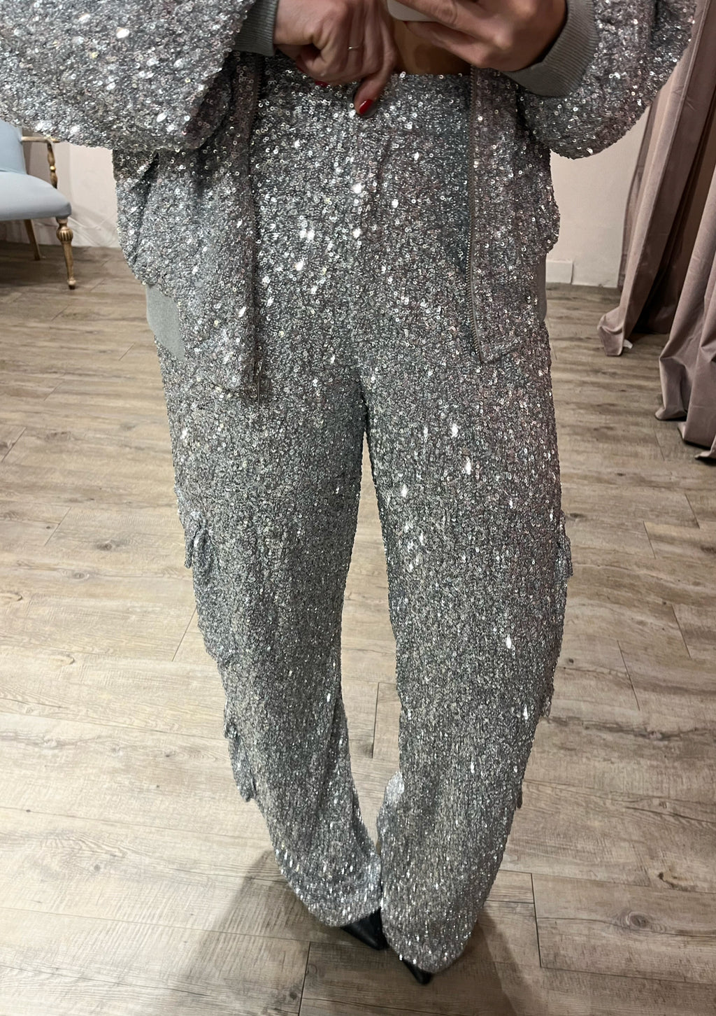 Pantalone Cargo Paillettes Argento