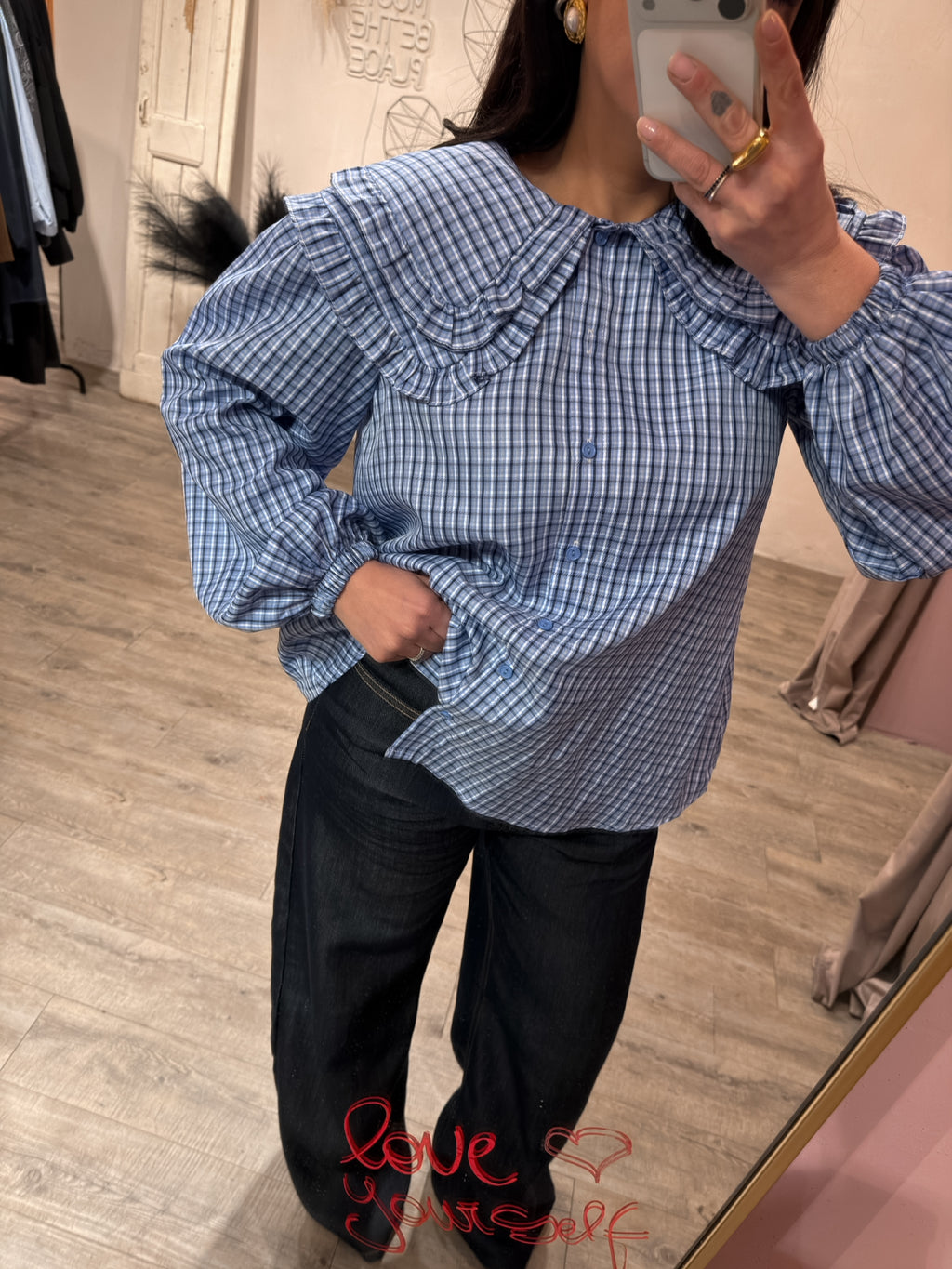 Maxi Camicia Bavero Check Blu Glamorous