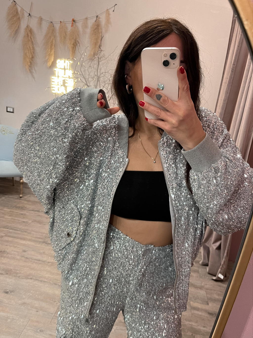 Giacca Bomber Paillettes Argento