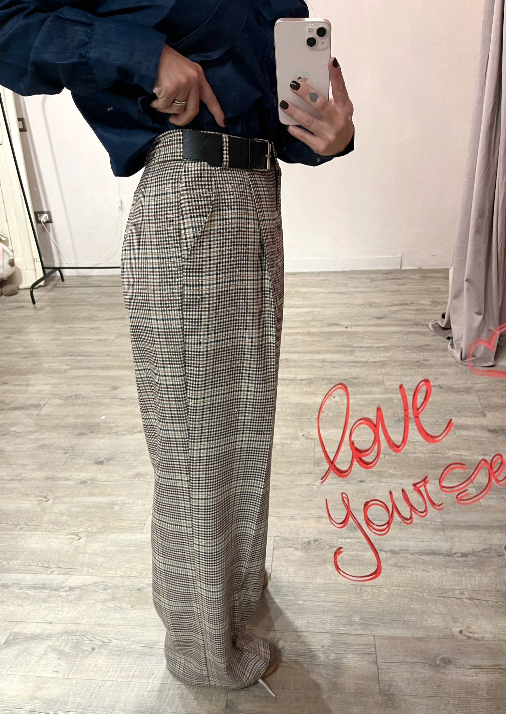 Pantalone Scacchi con Paillettes +Cinta Pelle