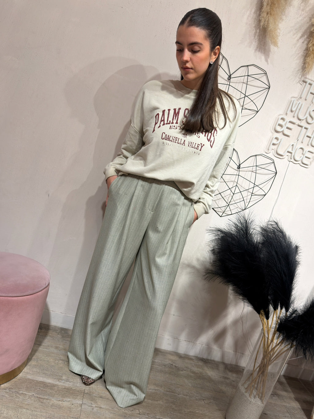 Pantalone Gessato con Micro Paillette Salvia Kontatto