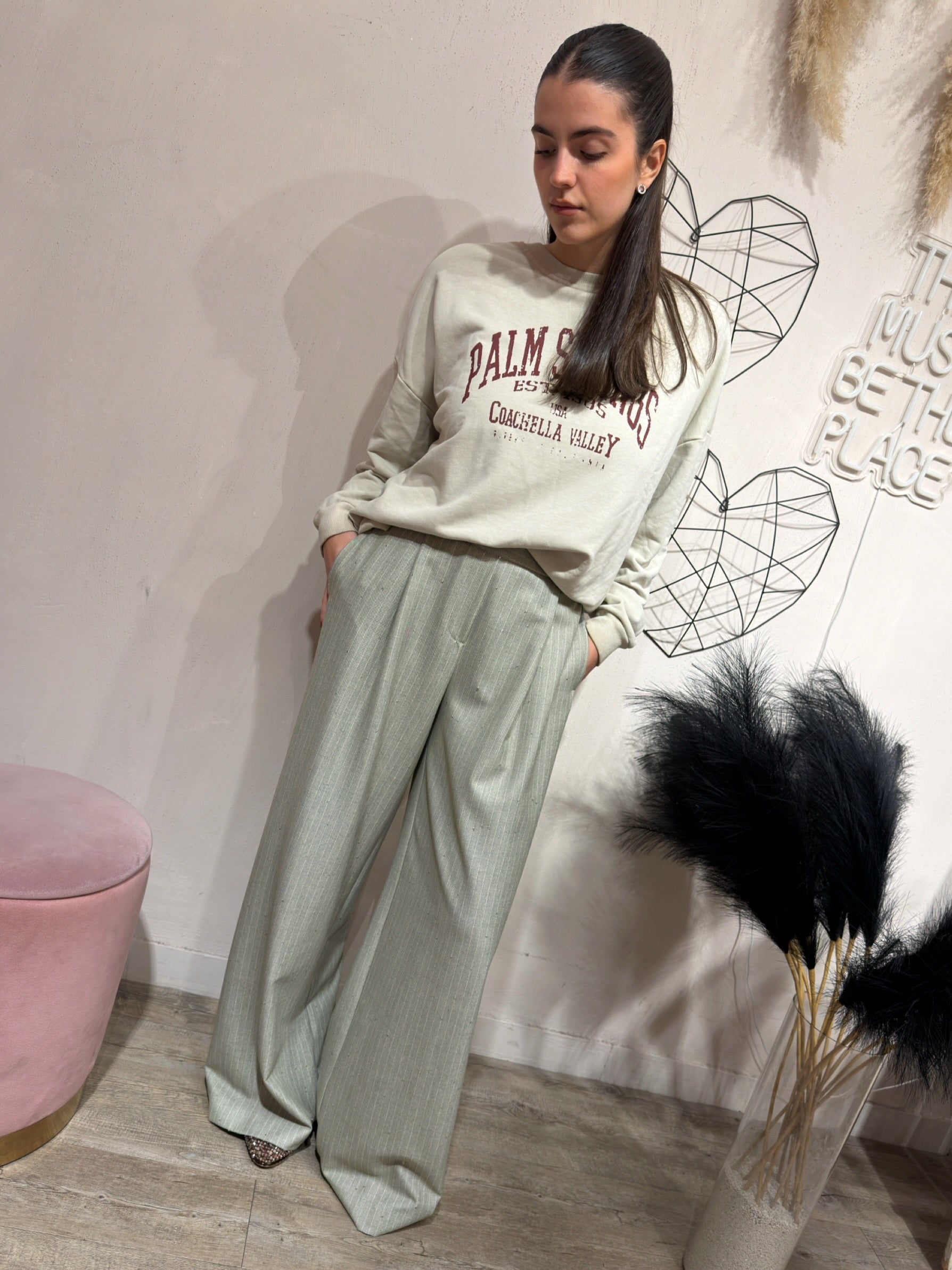 Pantalone Gessato con Micro Paillette Salvia Kontatto