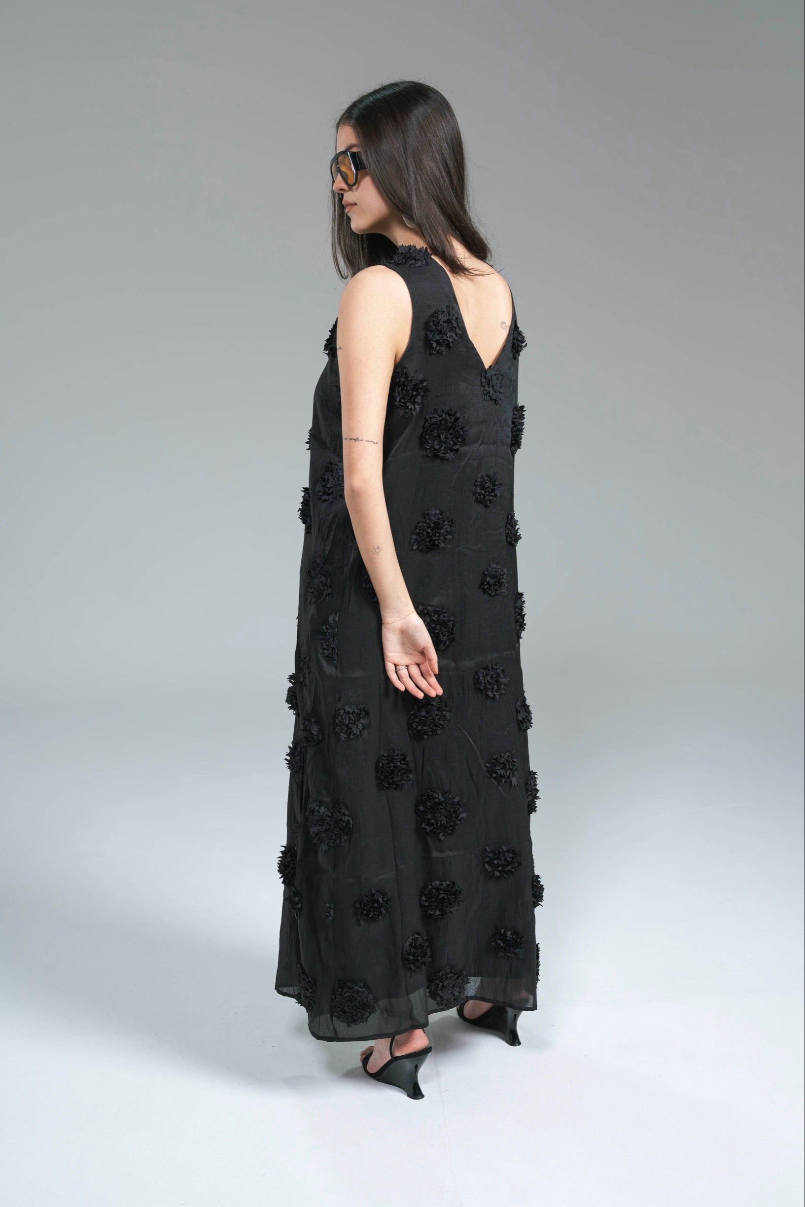Maxi Abito Fiori Organza Nero