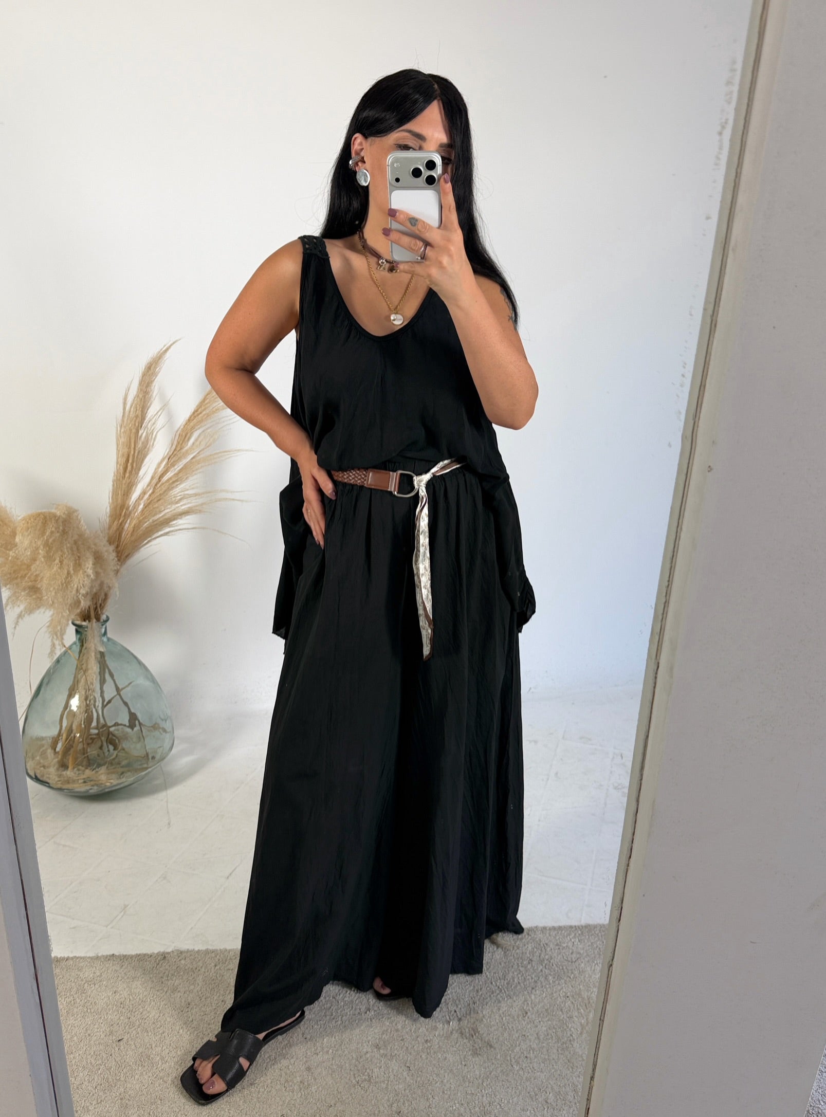 Maxi Canotta Viscosa Crochet Nero