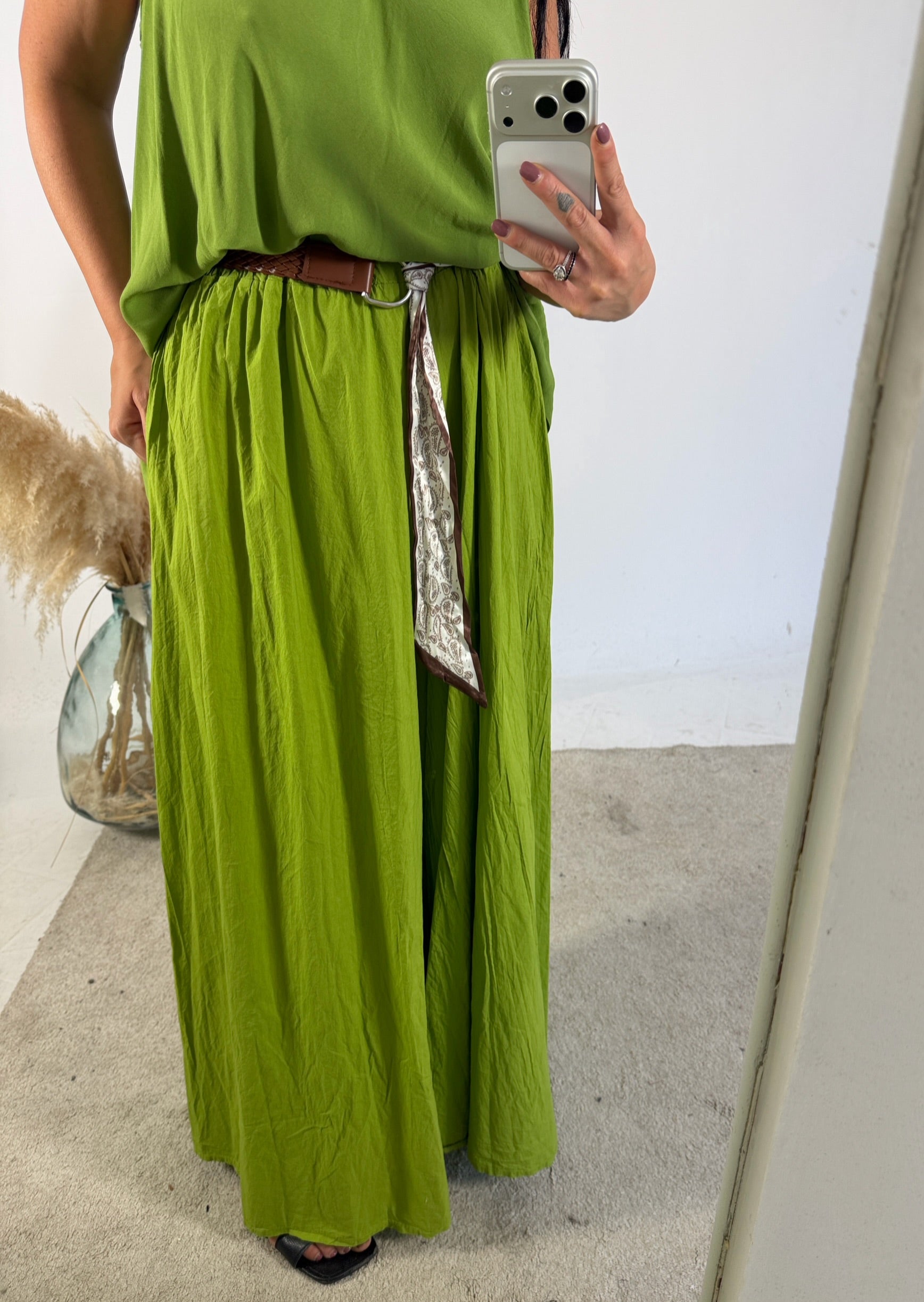 Pantalone Palazzo Mussola Verde Cinta Foulard