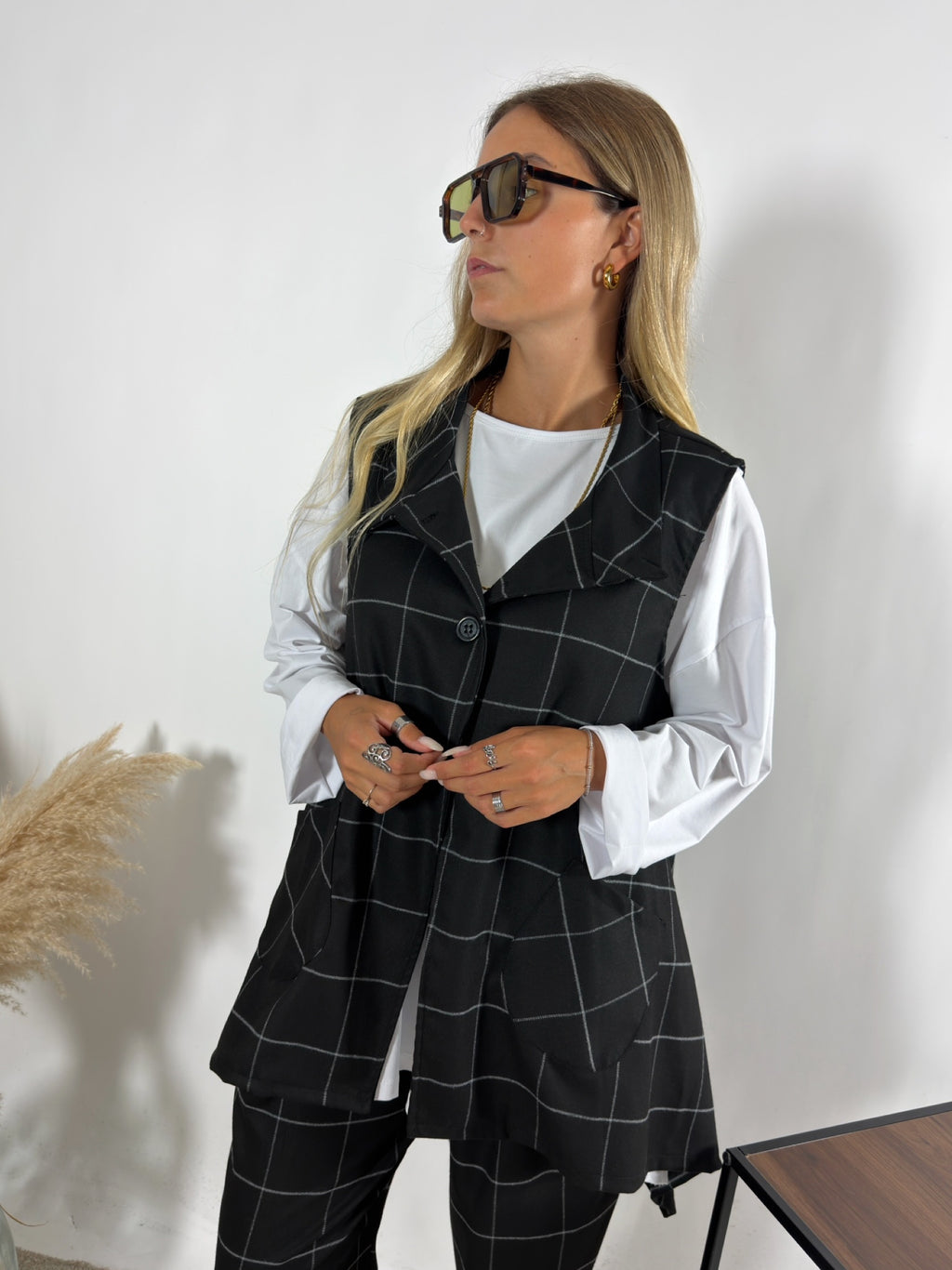 Maxi Gilet Check Nero Miranda