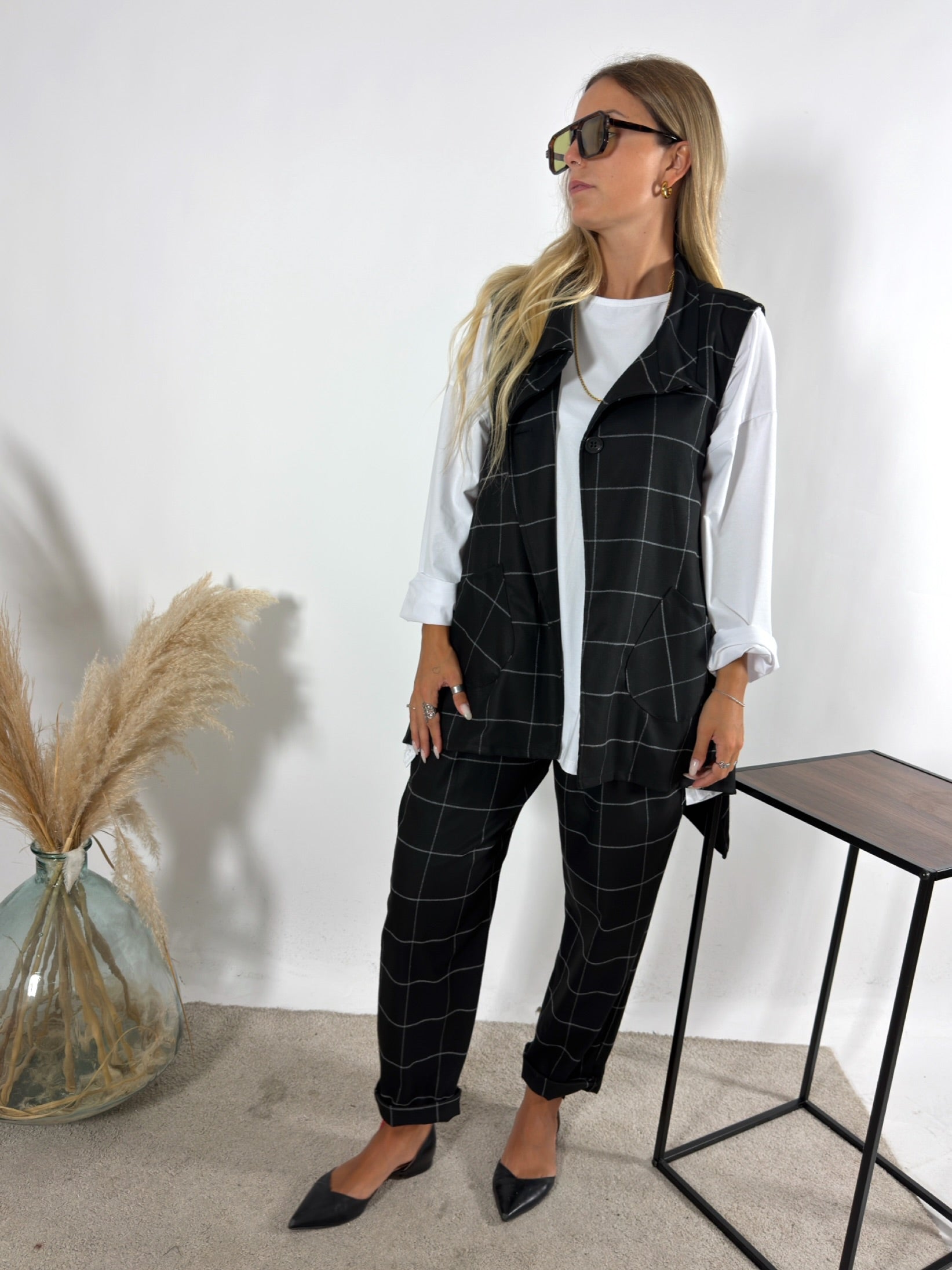 Maxi Gilet Check Nero Miranda