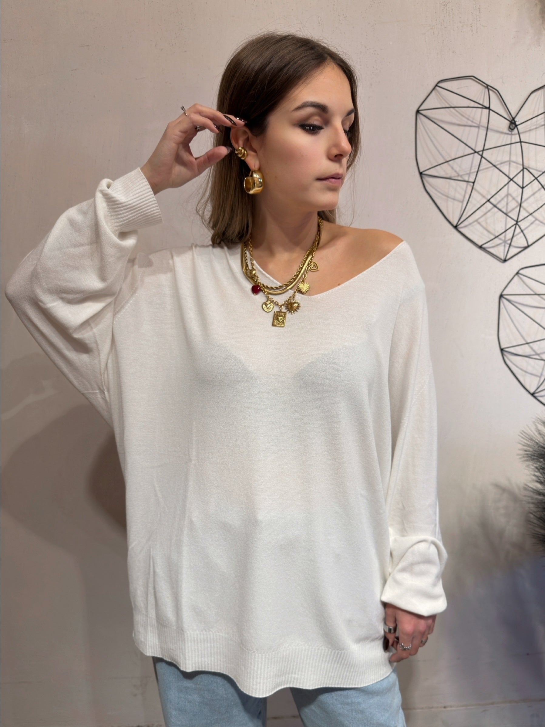 Maglia Over Scollo V Viscosa Kontatto Bianco