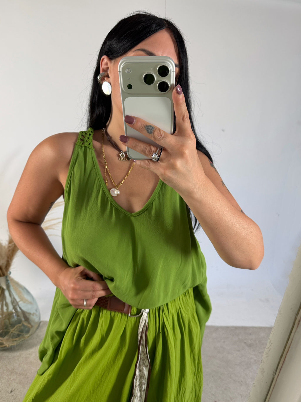 Maxi Canotta Viscosa Crochet Verde