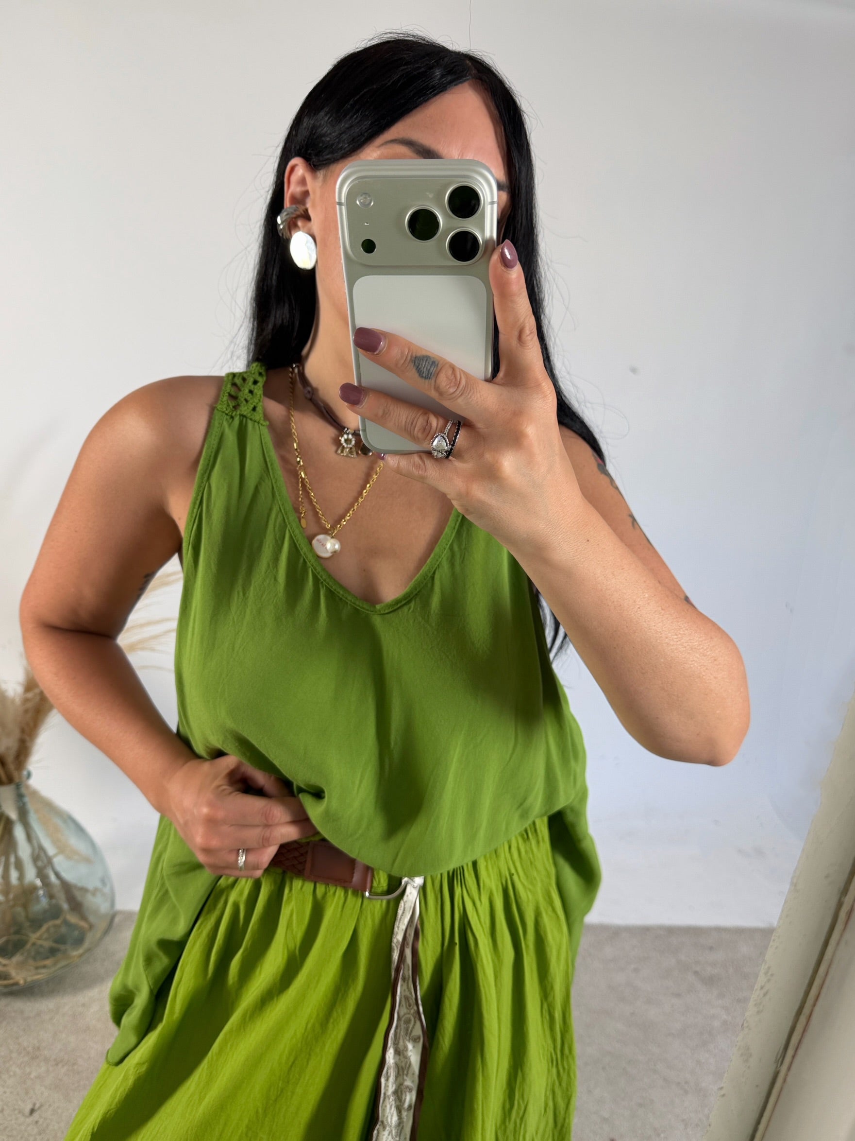 Maxi Canotta Viscosa Crochet Verde