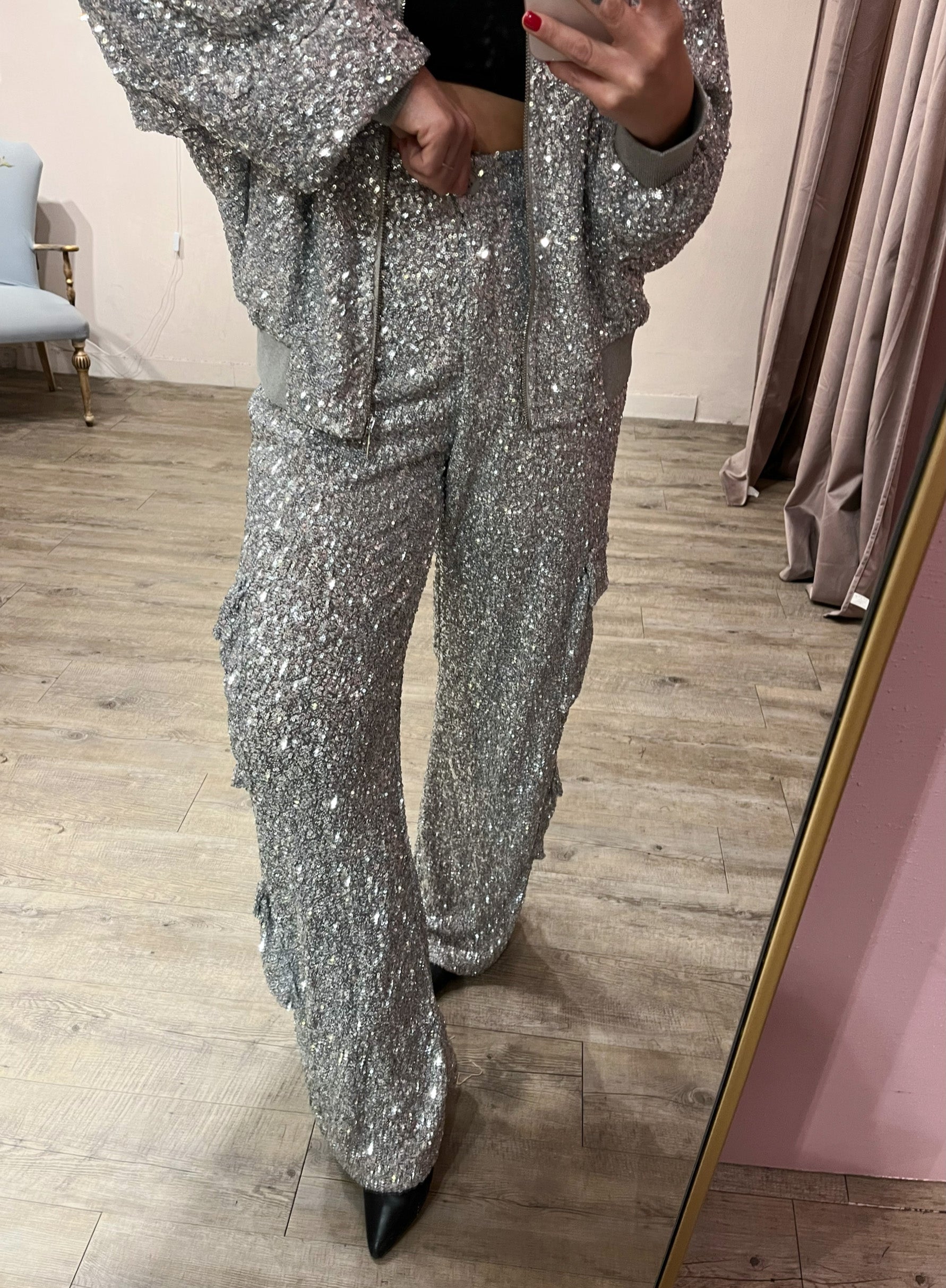 Pantalone Cargo Paillettes Argento