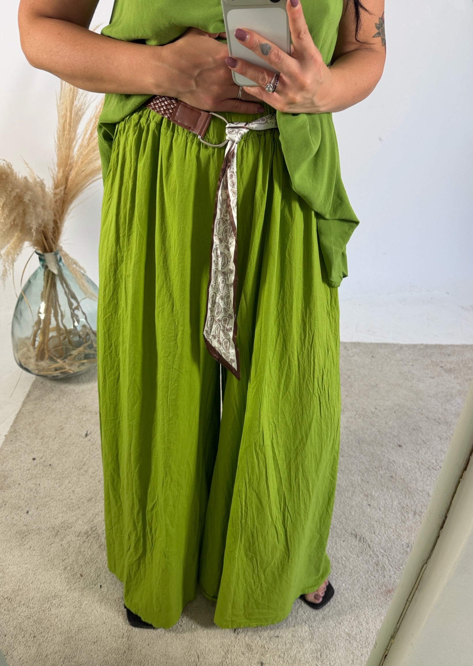 Pantalone Palazzo Mussola Verde Cinta Foulard