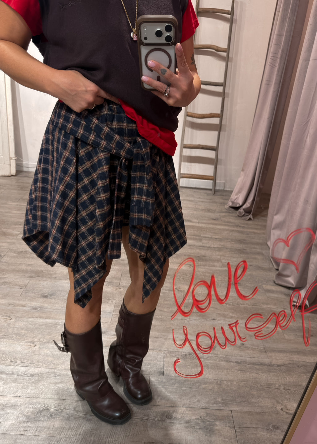 Gonna Nodo Camicia Check Blu/Rosso/Caffe