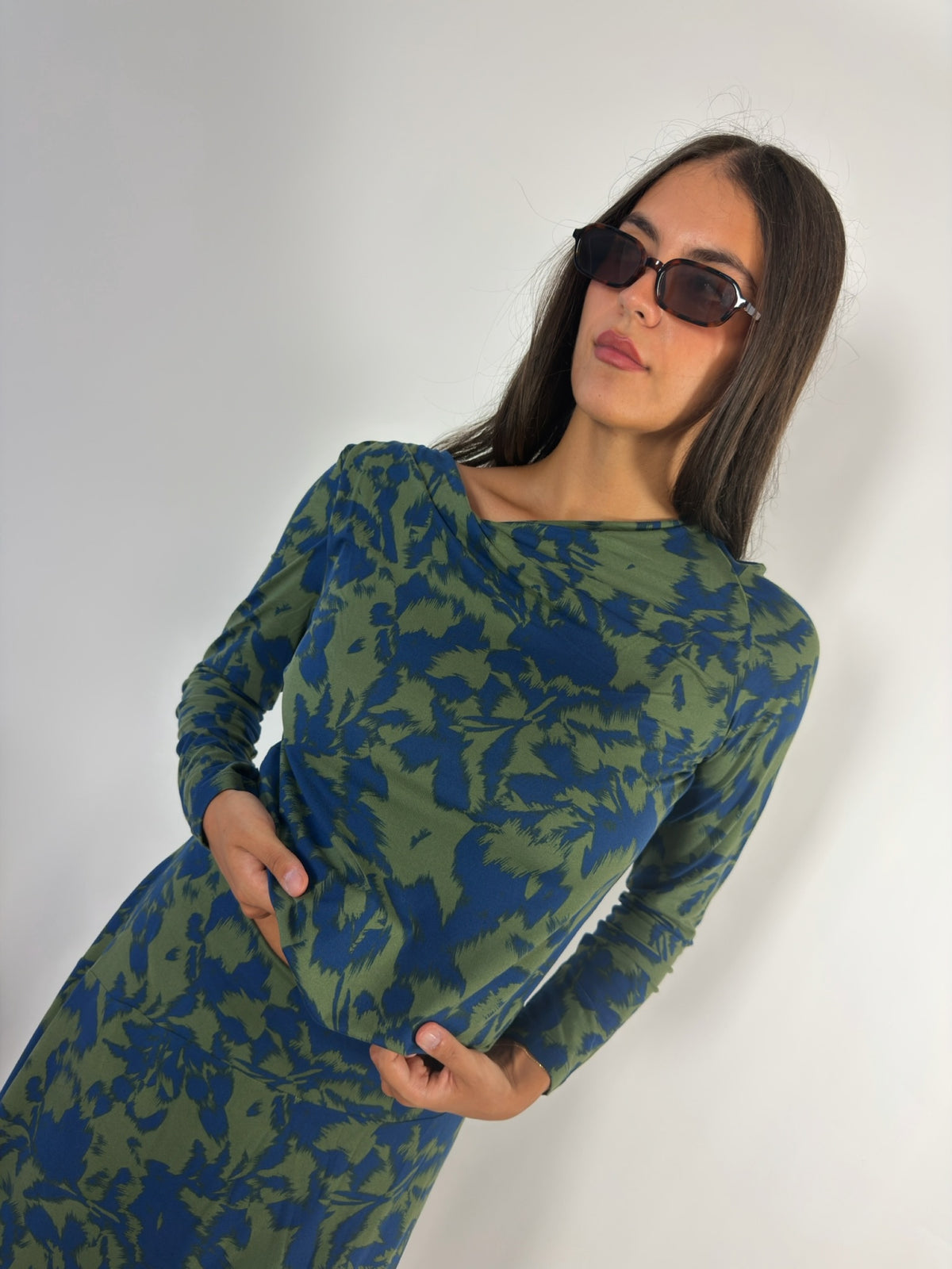 T-Shirt Collo Asimmetrico Jersey Fantasia Blu/Verde Surkana