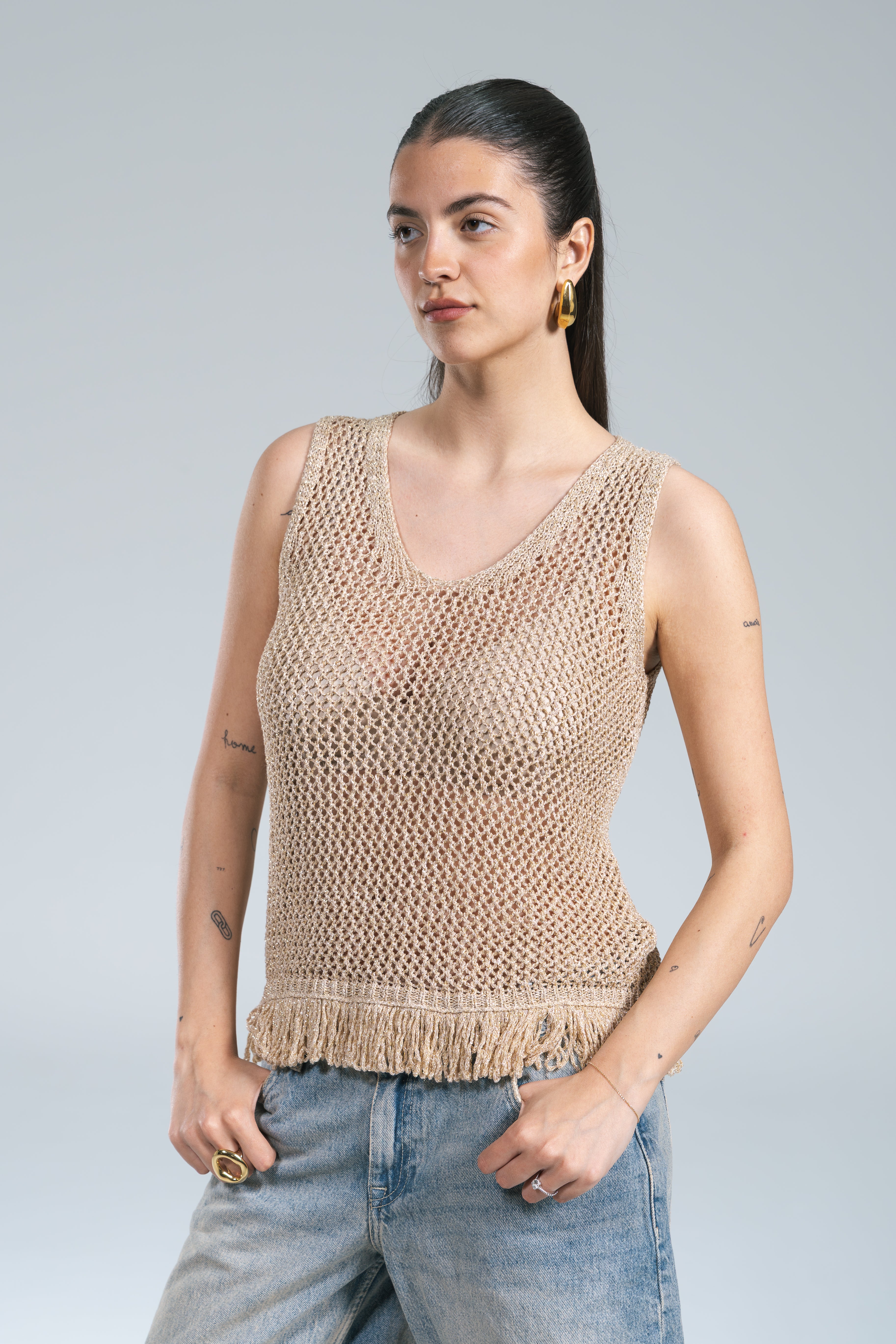 Canotta Crochet Frange Lurex Gold Kontatto