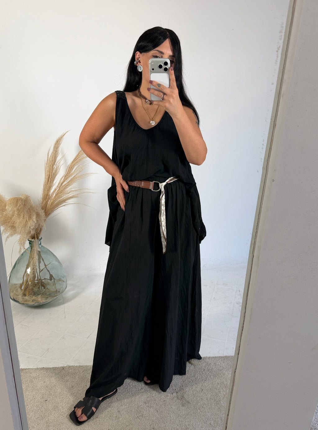 Pantalone Palazzo Mussola Nero Cinta Foulard