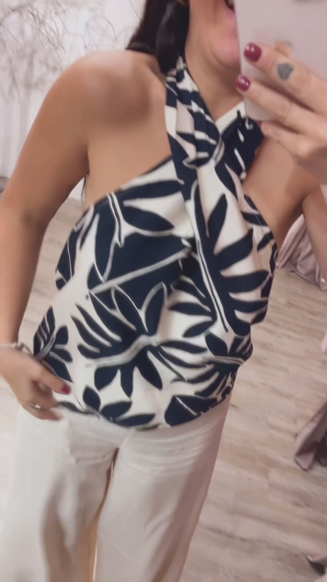 Top Foglie Schiena Nuda Blu/Burro